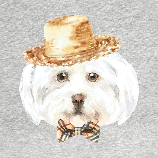 Shih Tzu Wearing Straw Hat and Bowtie by LaarniGallery